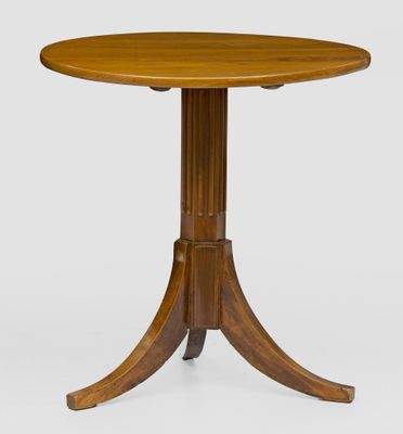 a round table with a wooden top and a wooden pedestal