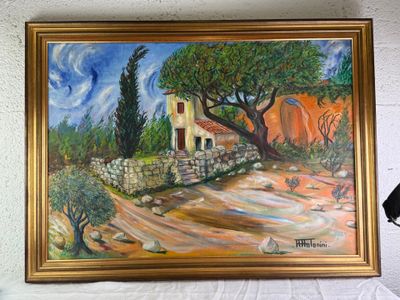 a painting hanging on the wall above a bed