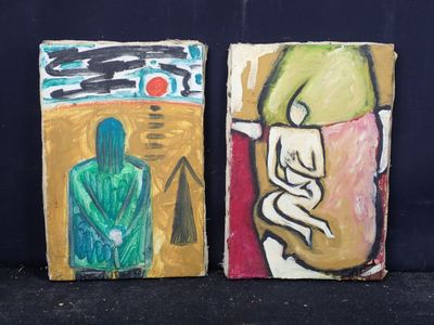 deux tableaux représentant un homme et une femme sur fond noir