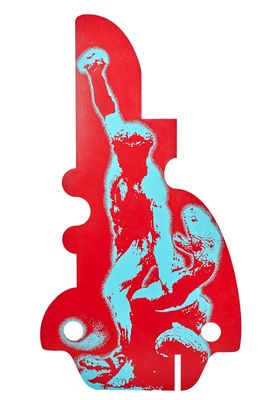 tableau représentant un vase rouge et bleu sur lequel figure un homme