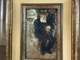 painting of a man sitting in a chair holding a cane