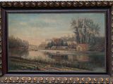 une peinture à l'huile représentant une scène fluviale avec des maisons et un pont
