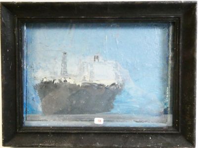 a picture of a painting of a ship in a black frame