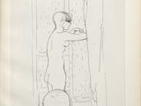 drawing of a man leaning on a stool in front of a window