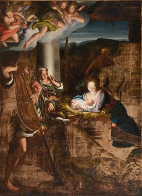 an image of a painting of a nativity scene with angels and a manger