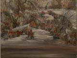 une peinture à l'huile représentant une rivière avec des arbres et des buissons en arrière-plan