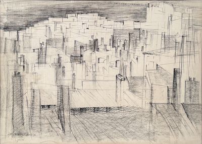 dessin au crayon représentant un paysage urbain avec des bâtiments en arrière-plan