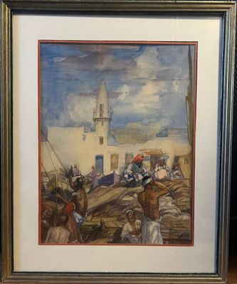 painting of a painting of a man riding a horse in front of a building