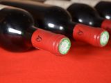 several bottles of wine are lined up in a row on a red table