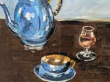 a painting of a blue teapot and a glass of wine on a table