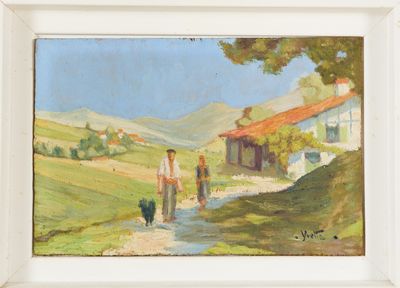 une peinture à l'huile représentant un couple promenant son chien sur un sentier
