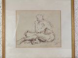 framed drawing of a seated woman with a dog in her lap