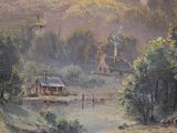 a painting of a house in the middle of a river