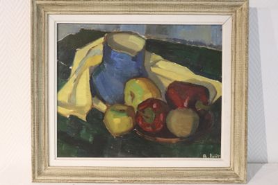 a painting of apples and a blue vase on a table