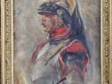 an oil painting of a man in a military uniform with a bird on top of his head