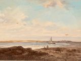 une peinture représentant un voilier sur l'eau, près d'une plage
