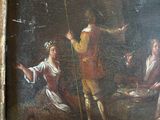 someone is holding a painting of a man and woman in a kitchen