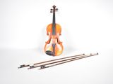an orange violin sitting next to a pair of wooden sticks