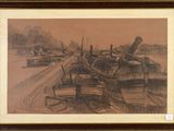 drawing of a boat in a harbor with other boats in the background