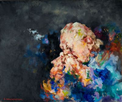 un tableau représentant une femme assise devant un fond noir