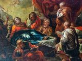 an image of a painting of a group of people surrounding a man laying on a bed