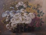 une peinture de fleurs dans un panier sur une table