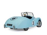 a blue toy car with a steering on a white background