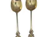 pair of silver spoons with leaves on them on a white background