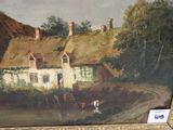 a picture of a painting of a house with a man on the front of it