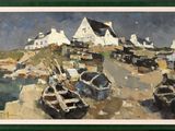 a painting of boats on the shore by the water