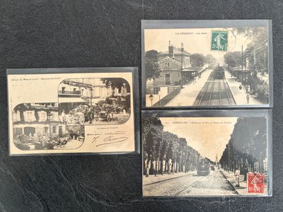 three old postcards of a train station and a train on the tracks
