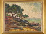 an image of a painting of a boat on a rocky shore
