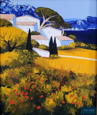 un tableau représentant une maison dans un champ, avec des coquelicots au premier plan