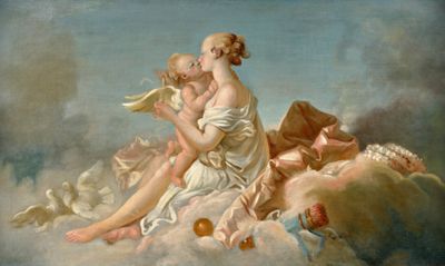 une image représentant un tableau où l'on voit une femme tenant un enfant dans ses bras sur un nuage