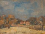 l'image d'une peinture représentant un champ avec une maison au loin