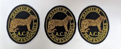 three black and gold embroidered badges of a dog and a cat