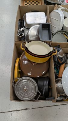 a box full of dishes and pans sitting on the floor