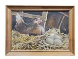 une peinture à l'huile représentant une poule couchée dans un nid avec des œufs