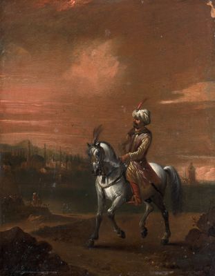 un vieux tableau représentant un homme à cheval dans un paysage