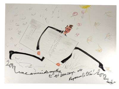 a drawing of a man running with a book