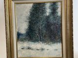 an oil painting of a snowy landscape with trees on a easel