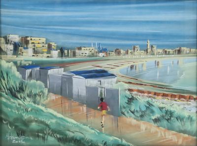 a painting of a person walking on the beach