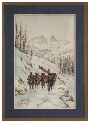 an image of a painting of a group of people riding horses in the snow
