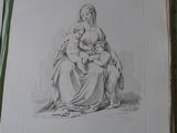 a drawing of a woman holding a child in her lap