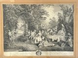 an old print of a group of people in a wooded setting