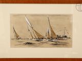 painting of three sailboats in the ocean with a light brown background