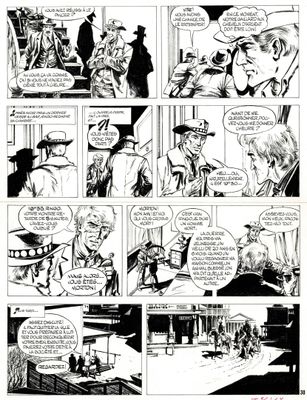 une bande dessinée en noir et blanc représentant un homme coiffé d'un chapeau de cow-boy en train de parler à une femme