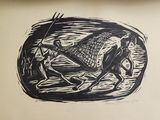 dessin représentant un homme à cheval dans un champ, avec un autre homme marchant derrière lui