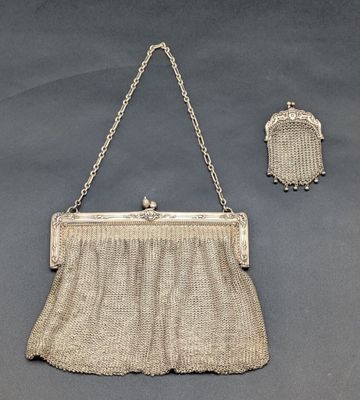 an antique silver mesh purse and matching earrings