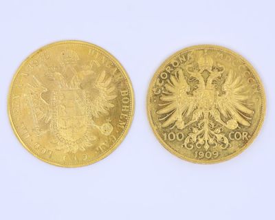 deux pièces d'or allemandes, dont l'une représente un aigle à deux têtes et l'autre un aigle à deux têtes